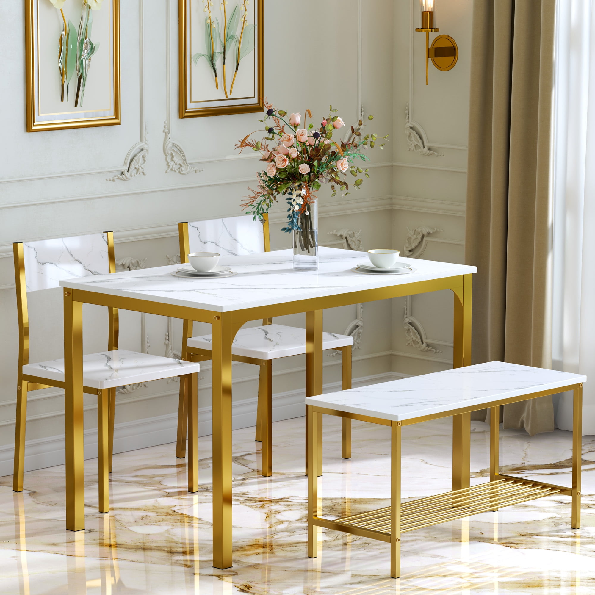 SogesPower 4 Pieces Contemporary Wood, Iron Dining Table Set Gold/White
