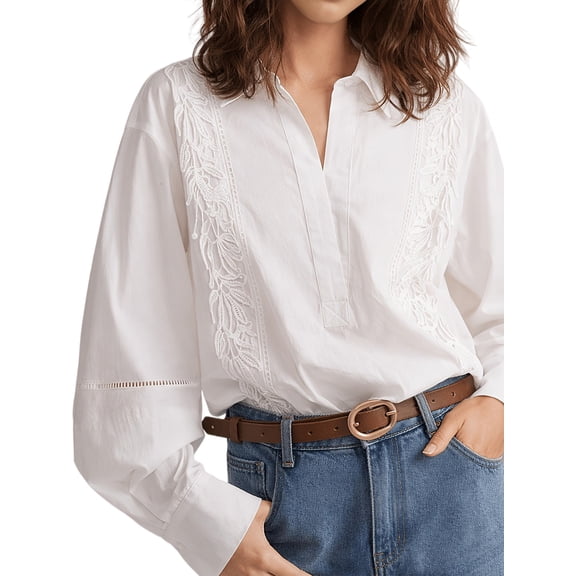 Women's Long Sleeve Blouse, Casual Top for Daily, Work & Vacation Outfits White XS