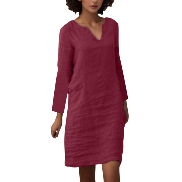 Kcodviy Robe Simple Décontractée d'Automne pour Femmes Robe à Col en V pour Femmes Robes Décontractées Élégantes pour Femmes Confortable Couleur Unie Longue Robe pour Femmes d'Été à Manches avec Poche Robe Décontractée