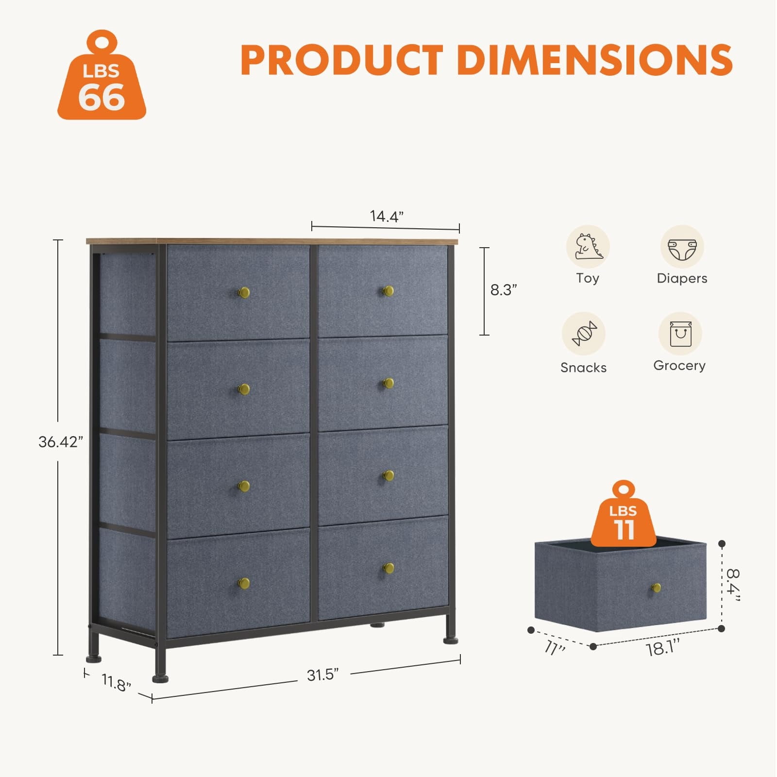 Telyra 8-Drawer Fabric Dresser Tall Storage Tower with Wood Top and Steel Frame Bedroom Closet Organizer, Greyish Blue