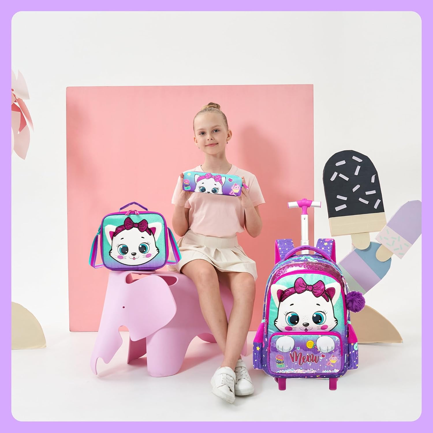 Rolling Backpacks for Girls School Bags Roller Kids Purple Backpack with Lunch Box Pencil Case for Elementary Students Bookbag Ages 6-12