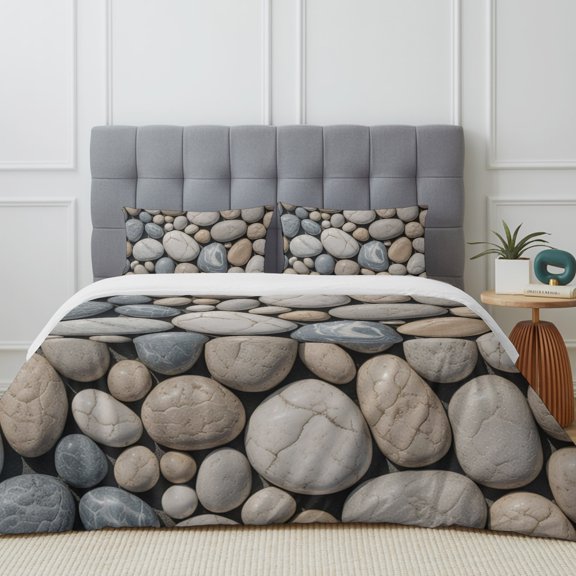 Queen Size Duvet Cover 4 Piece Bedding Set Abstract Natural Grey Cobblestone Bed Sheet Sets Soft Microfiber Comforter Cover with Flat Sheet 2 Pillow Shams