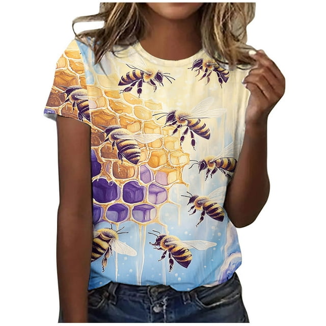 Blusas de Manga Corta para las Mujeres Cuello Redondo de Impresión de Verano, Top de Poliéster de Moda Casual para Toda la Temporada