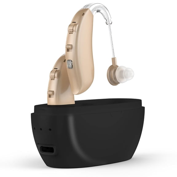 MEDca Rechargeable Hearing Amplifiers for Seniors - Behind-the-Ear Hearing Aid Pair with Intelligent Noise Cancellation, Four Modes, Volume Control, and Charging Case