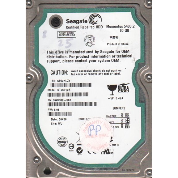ST96812A, 5PJ, WU, PN 9W3882-560, FW 3.06, Seagate 60GB IDE 2.5 Hard Drive
