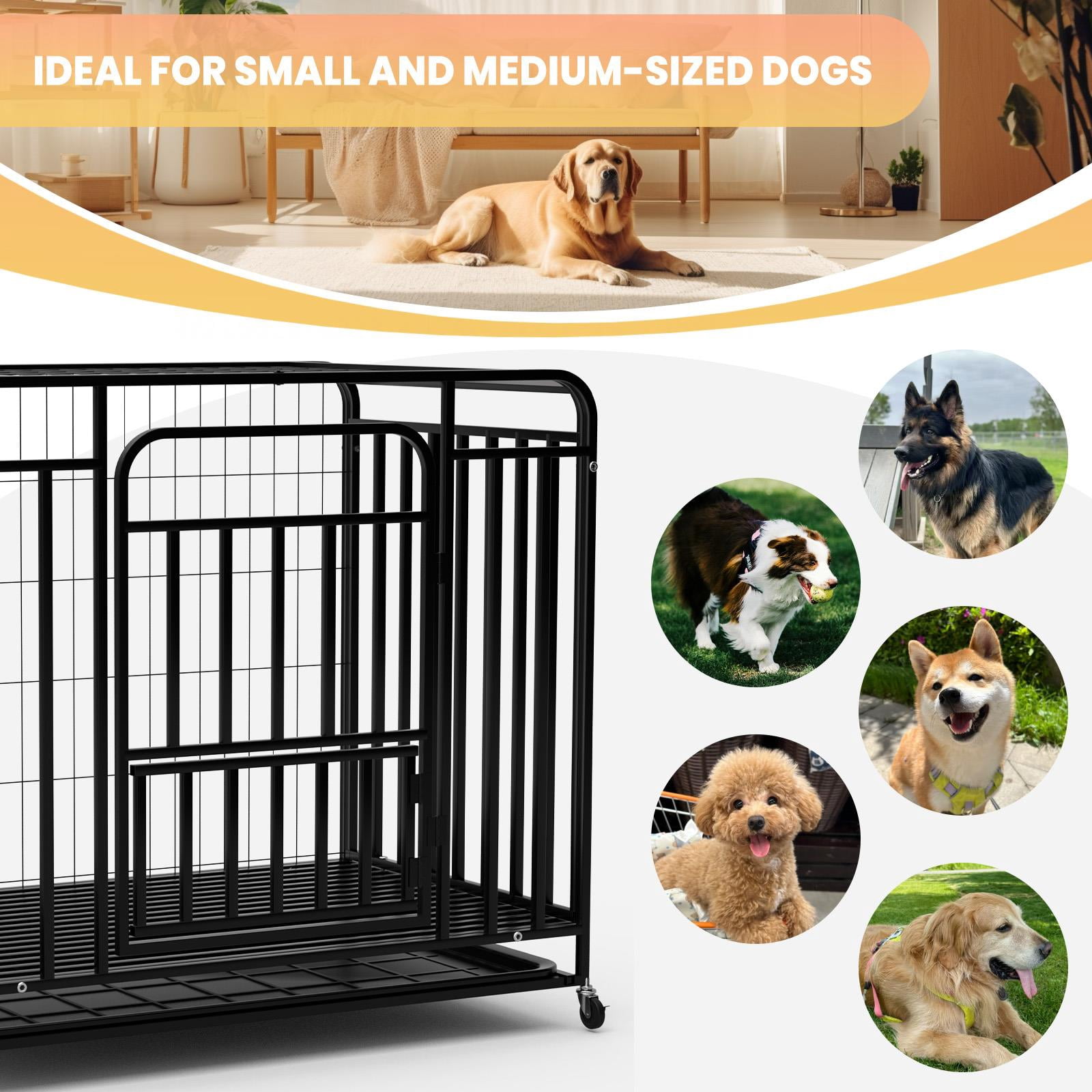QUHEE 38 inch Sturdy Black Metal Dog Crate with Removable Tray and Lockable Wheels, Pet Kennel for Small and Medium Dogs Indoor Outdoor Use