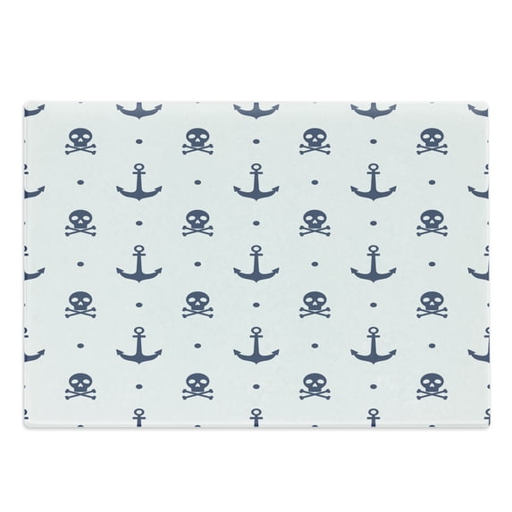Marine Cutting Board, Anchors and Skulls Crossed Bones Dots Pirate Horror Fear Seaman Illustration Art, Decorative Tempered Glass Cutting and Serving Board, Large Size, Navy Blue, by Ambesonne