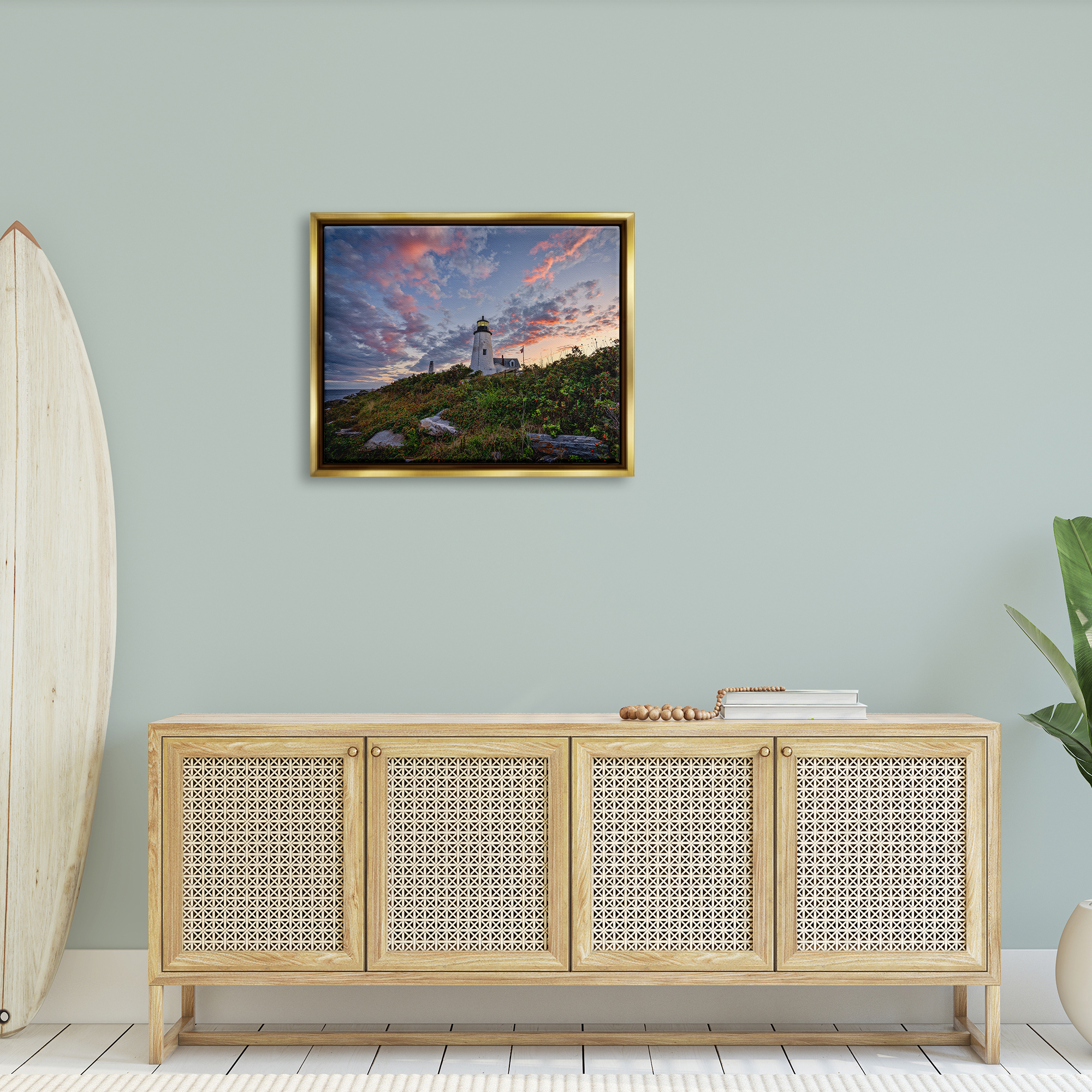 Stupell Nautical Lighthouse Pink Clouds Landscape Landscape Photography Gold Floater Framed Art Print Wall Art