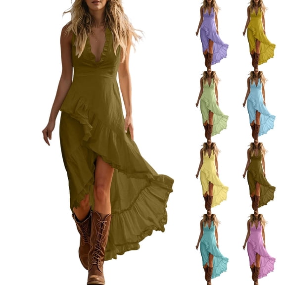 Tqcoqu Summer Dresses for Women 2026 Dressy Casual Deep V Neck Tank Dress Elegant Flowy Ruffle Sleeveless Sundresses,Army Green Women's S-XXXL