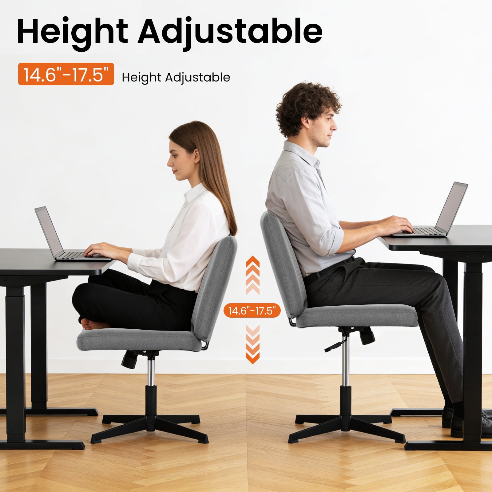 Dkelincs Criss Cross Chair Adjustable Wide Computer Desk Chair Armless Vanity Chair Modern Task Chair No Wheels, Gray
