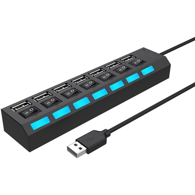 Divisor USB multipuerto, concentrador USB 2.0 7 en 1 con interruptores de encendido/apagado individuales de alta velocidad con concentradores USB LED (7 puertos USB A)