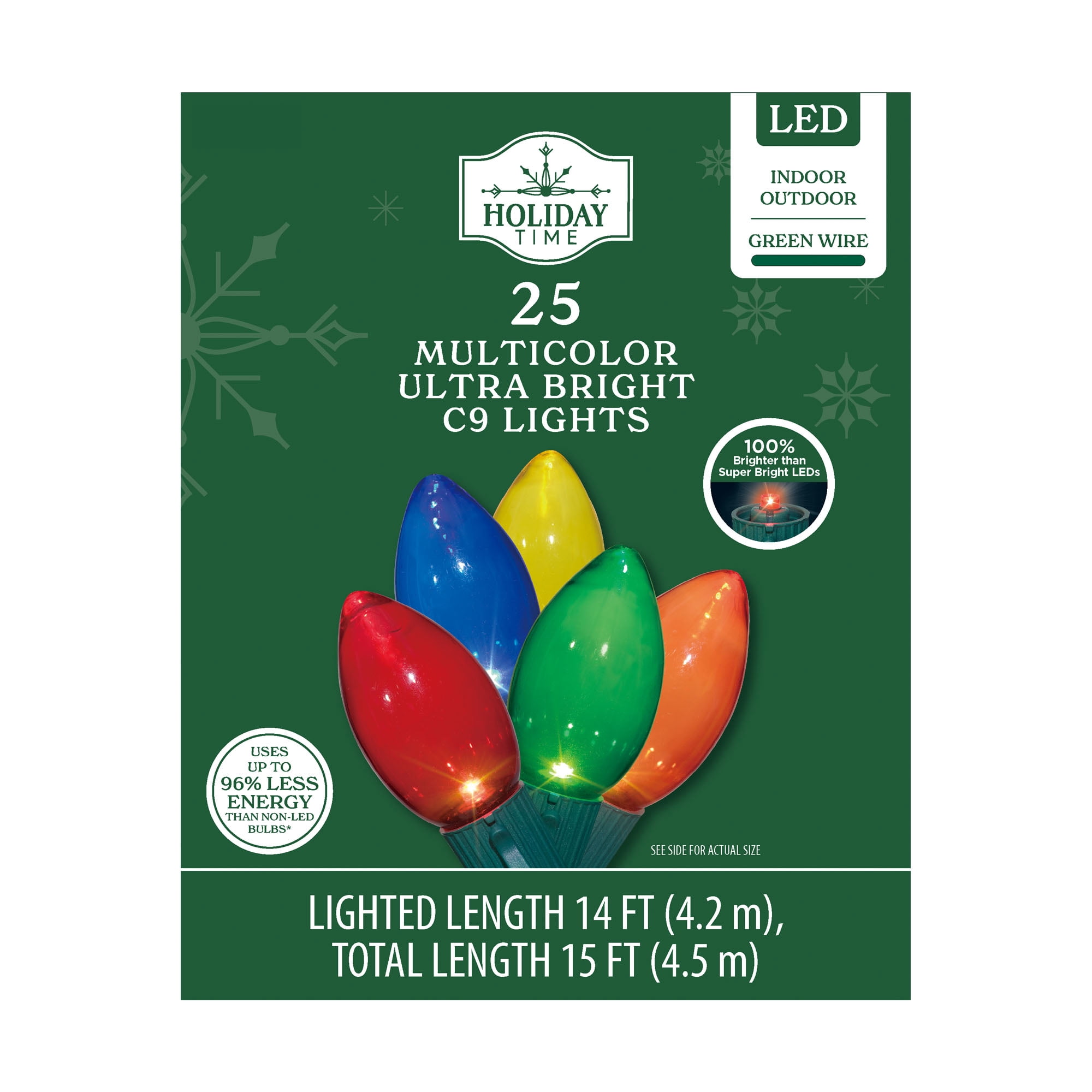 Indoor/Outdoor 25-Count Ultra Bright LED C9 Christmas Lights, Multicolor, 14', Holiday Time