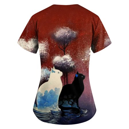 

Womens Plus Size Scrub Uniform Short Sleeve Print Scrubs Nurse Uniform Top Blouse