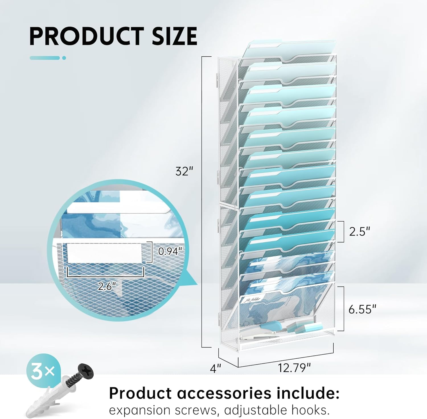 INTIGE 13-Tier Wall File Organizer, Metal Hanging Mounted Paper Rack, White, Screw Installation