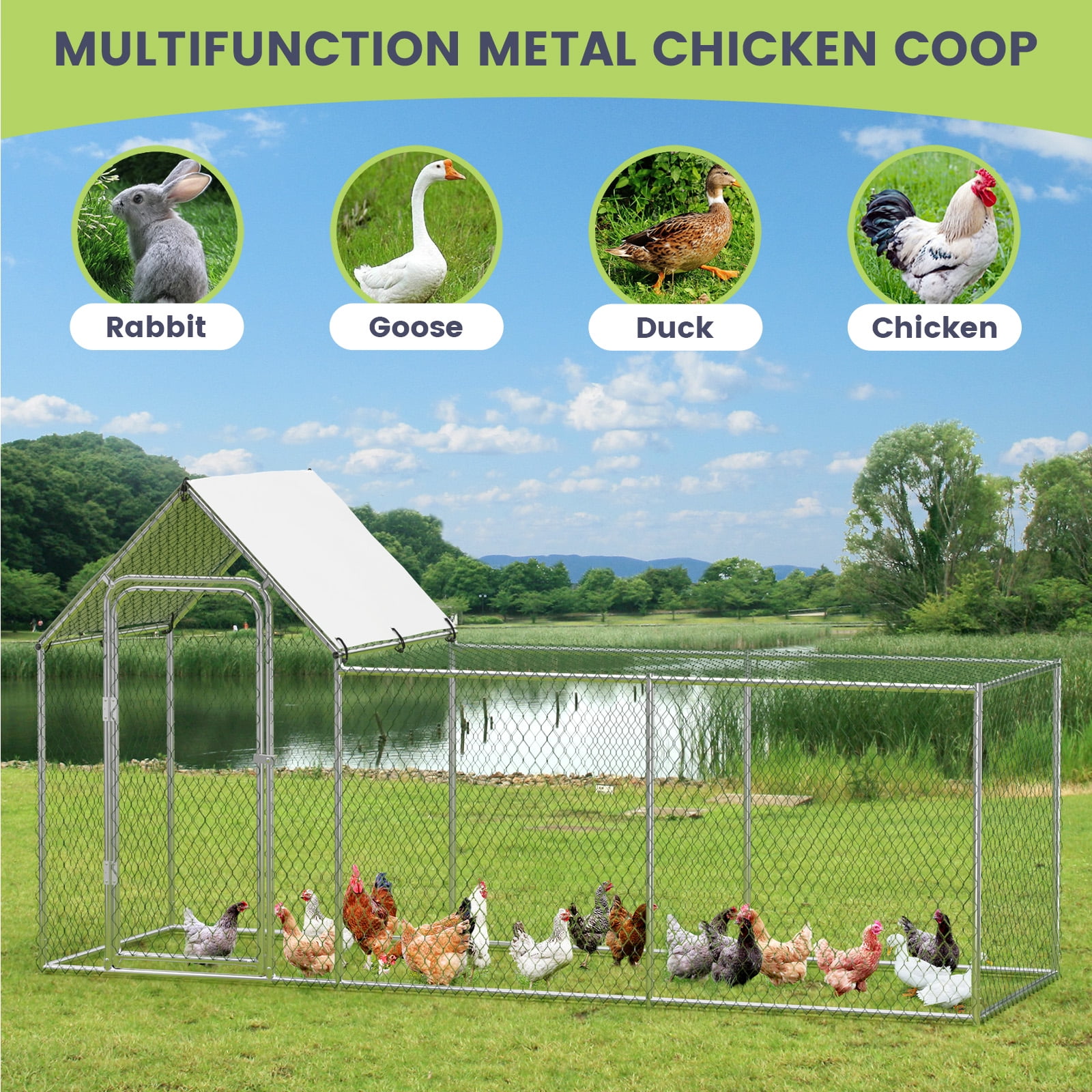 Huisuilinss Outdoor Metal Chicken Coop Run for 6-10 Chickens, Walk-in Chicken Runs Duck Cage Hen House with Waterproof Cover for Rabbits Duck Outdoor,10' W x 3.3' D x 5' H