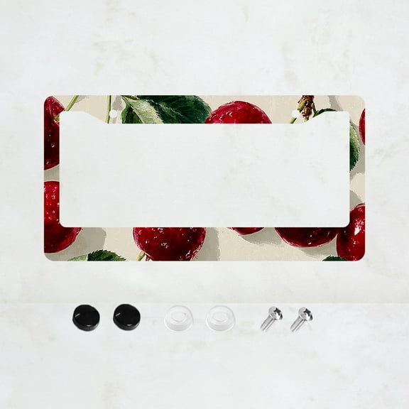1pc Red Cherry Pattern 2-Hole License Plate Frame Aluminum Material 6x12 Inches with Screw Set Fun Car Decoration Gift Novelty Design American Standard Universal Size for Car Plates