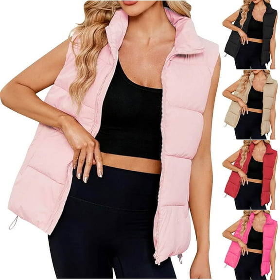 Juebong Puffer Vest for Women Outerwear Vests Puffy Oversized Sleeveless Quilted Vest Tops Down Jackets Coat with Pockets Black,M