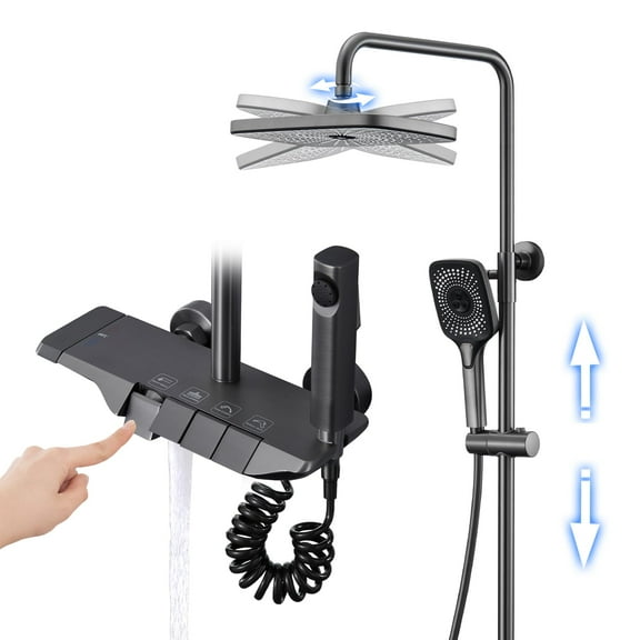 Shower System Gray 4 Ways Piano Keys Shower Faucet Set Thermostatic with Rainfall Shower Head, Handheld Shower, Tub Spout, Bidet Sprayer, Complete Shower Set Wall Mount Shower Fixture
