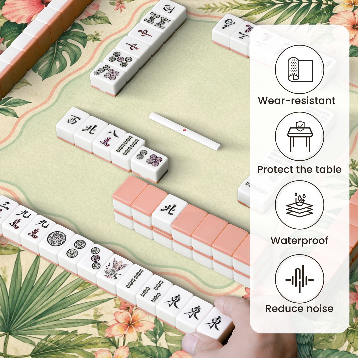 Mahjong Mat 31.5" x 31.5" Tropical Floral Frame Hibiscus Palm Leaves Colorful Birds Non-Slip Noise Reduction Mahjong Tiles Table Cover for Dominoes Poker Card Board and Tile Games