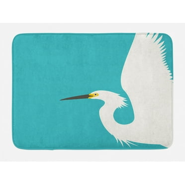 Egret Bath Mat, Side Drawn Simple Heron Illustration with Open Wings, Plush Bathroom Decor Mat with Non Slip Backing, 29.5" X 17.5", Seafoam White, by Ambesonne