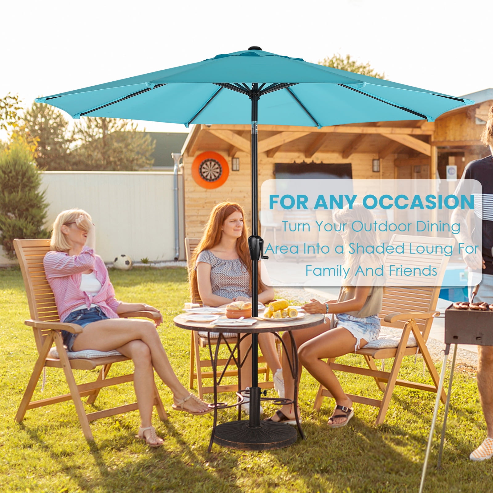 Sun-Ray 9 FT Patio Umbrella w/ Push Button Tilt and Crank Outdoor Umbrella, 8 Sturdy Ribs, UV Protection, Solution-Dyed Fabric, Aqua