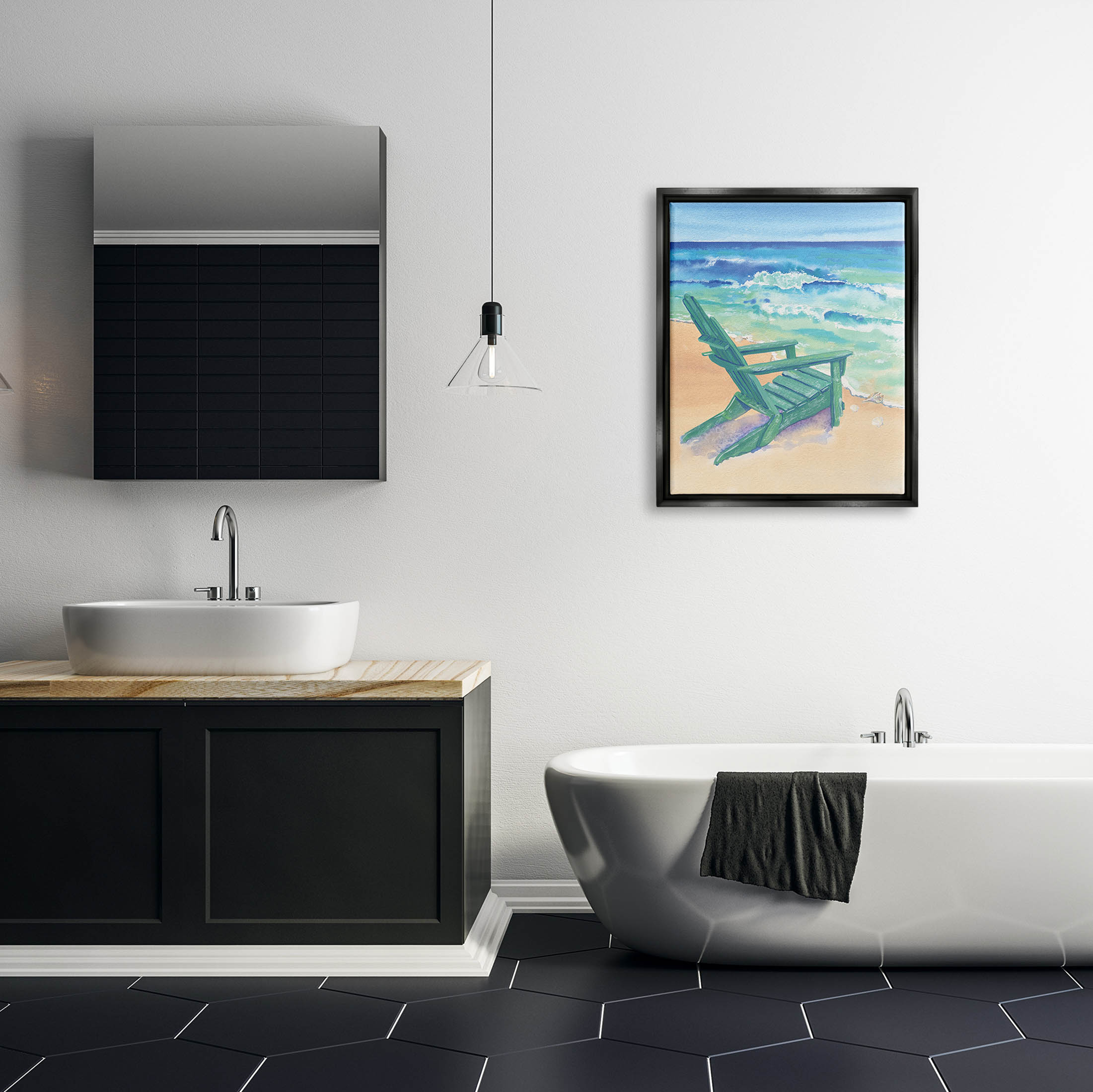 Stupell Industries Rolling Beach Waves Chair Painting Jet Black Floating Framed Canvas Print Wall Art, Design by Erica Christopher