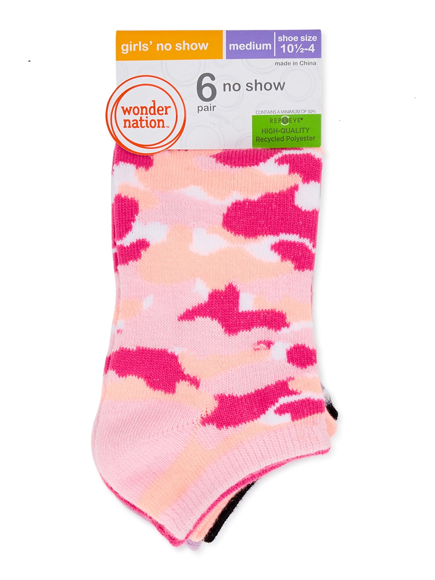 Wonder Nation Girls No Show Socks, 12-Pack, Sizes S-L
