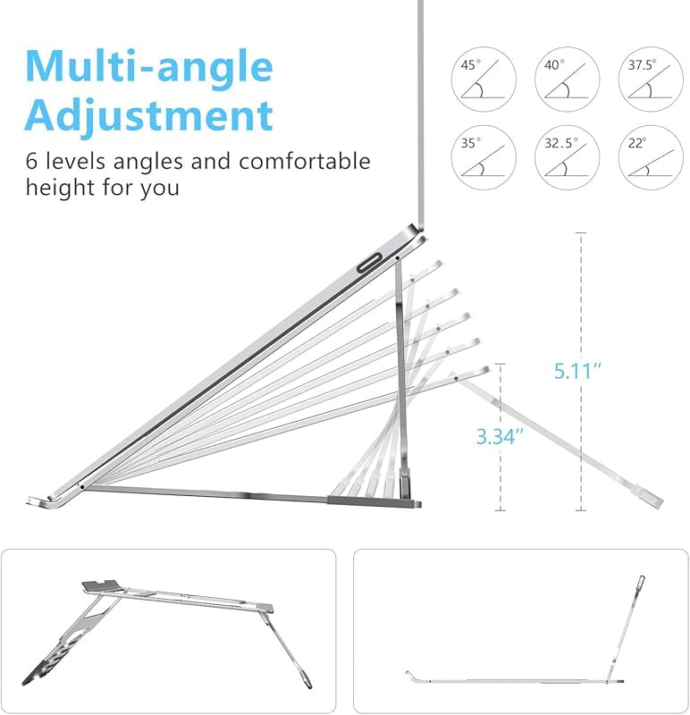 ivoler Laptop Stand, Laptop Holder Riser Computer Tablet Stand, 6 Angles Adjustable Aluminum Ergonomic Foldable Portable Desktop Holder Compatible with MacBook,iPad, HP, Dell, Lenovo 10-15.6” Gray