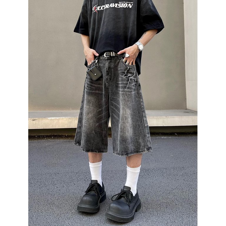 Lightning Patterned Jorts Loose Cropped Denim Shorts for Men