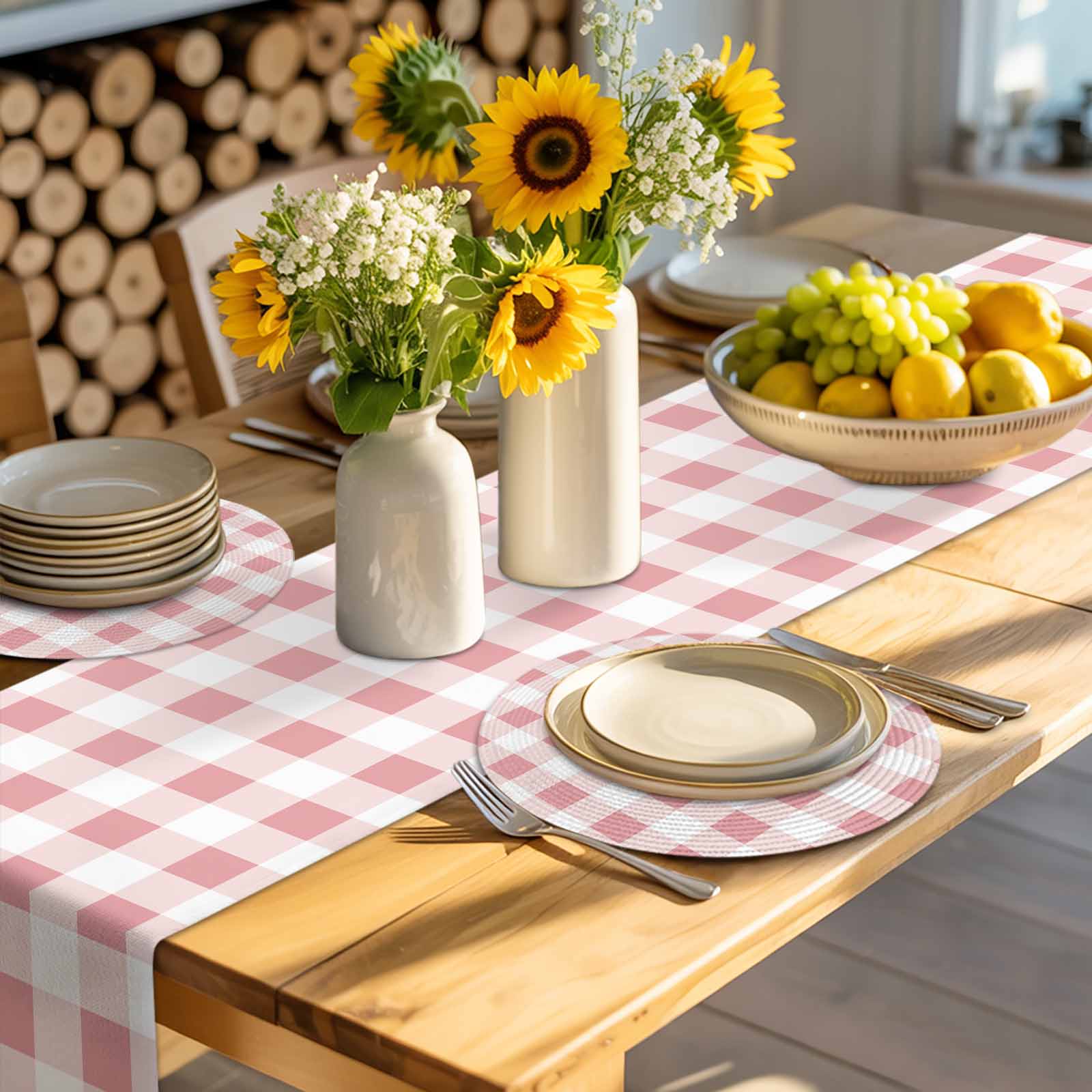 Farmhouse Vintage Round Table Placemats set of 8, Gingham Checkered Texture Washable Woven Place Mats for Dining Tables Kitchen Party Decor,Heat Proof, 13in, Pink