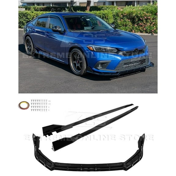Replacement For 2022-Present Honda Civic | JDM Performance Style Fiber ABS Plastic - Painted Glossy Black 3-Pieces Front Bumper Lip Chin Spoiler Lower Splitter & Side Skirts Extension Pair