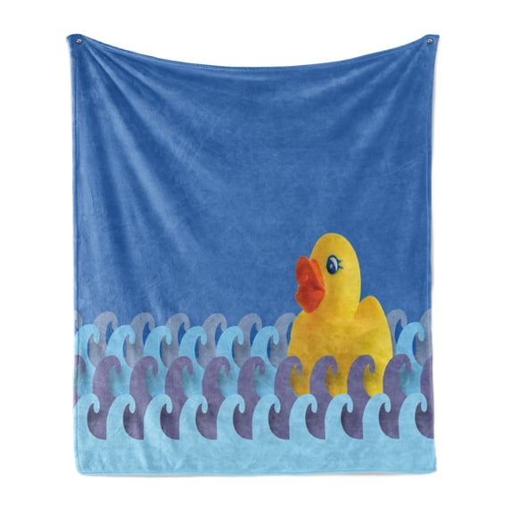Rubber Duck Soft Flannel Fleece Throw Blanket, Rubber Duck Floating on Paper Seem Water Waves Bathroom Time Childcare Image, Cozy Plush for Indoor and Outdoor Use, 60" x 80", Multicolor, by Ambesonne