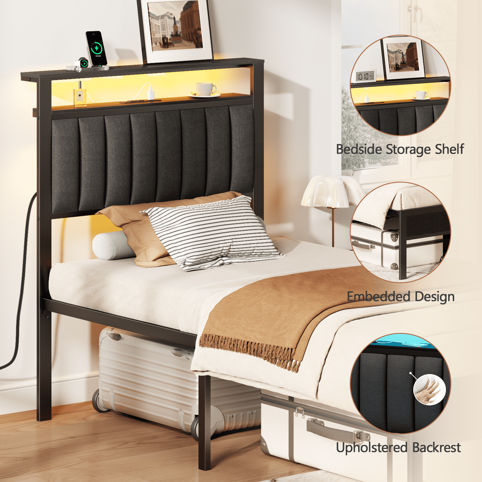 Glozzt Twin LED Bed Frame with Smart RGB Lights, Headboard Charging Station, Versatile Storage Solution, Comfortable Upholstered Backrest, No Box Spring Needed