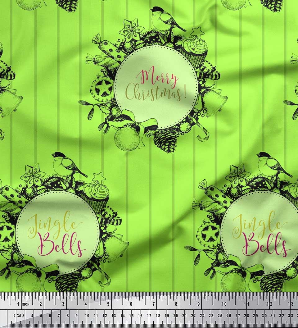 Soimoi Green Georgette Viscose Fabric Stripe,Candies & Baubles Christmas Print Sewing Fabric Yard 42 Inch Wide