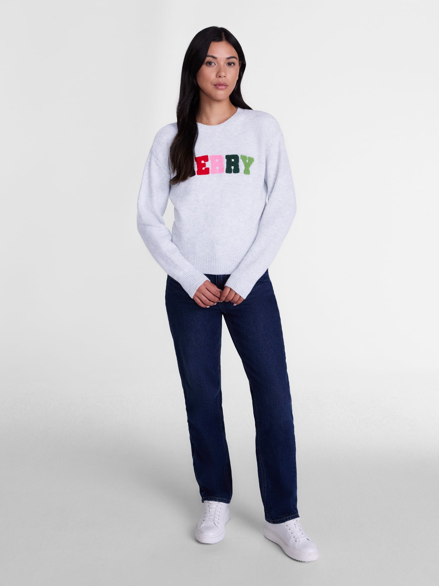 Women’s Christmas Merry Applique Sweater by Holiday Time, Lightweight, Sizes XXS-4X