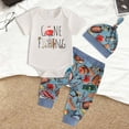 thumbnail image 2 of Kaprioy Boys Summer Outfits Baby Boy Outfit Short Sleeve Letter game fishing Print Romper Shirt Tops Pants Summer Outfits Cute Hat Set, 2 of 8