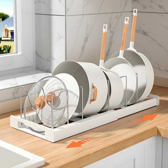 BAOKALER Expandable Pan Organizer with 12 Adjustable Shelves, Multifunctional Pots and Pans Organizer Rack for Kitchen Cabinets, Stainless Steel Lid Holder, White