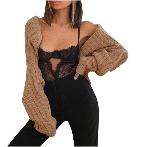 JGGSPWM Solid Super Crop Shrug Sweater Cardigans for Womens Ribbed Knit Sweater Fall Fashion Jumper Petite Tops Open Front Long Sleeve Pullover Coffee S