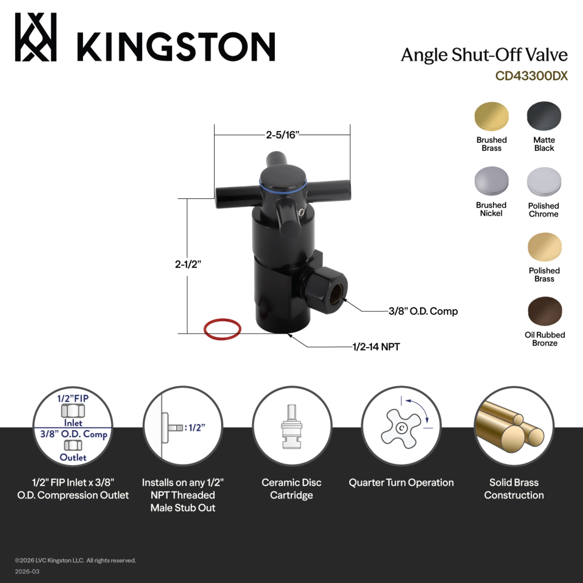 Kingston Brass CD43302DX 1/2-Inch FIP x 3/8-Inch O.D. Anti-Seize Deluxe Quarter-Turn Ceramic Hardisc Cartridge Angle Stop in Polished Brass