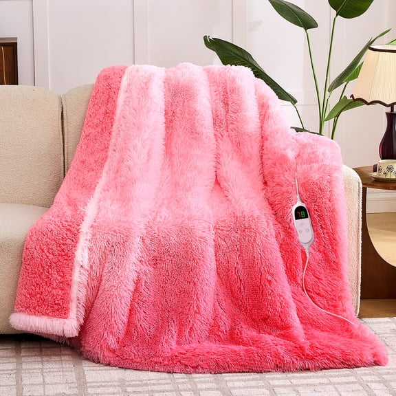 PMONPA Heated Blanket for Adult, Soft Faux Fur & Sherpa Electric Blanket, Fast-Heating with 10 Heating Levels & 5 Options Auto off, 51"x 61", Pink