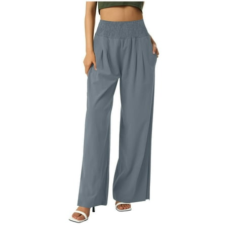 

Womens Wide Leg Pants Casual Smocked High Waisted Split Hem Yoga Pants Comfy Palazzo Trousers Pajamas with Pockets
