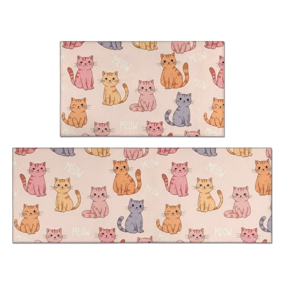 Pastel Cat and Meow Pink Pattern Anti Fatigue Kitchen Rugs Set Of 2, Non Slip Washable Decorative Floor Mats for Kitchen Sink Laundry, 17"x30" and 17"x47"