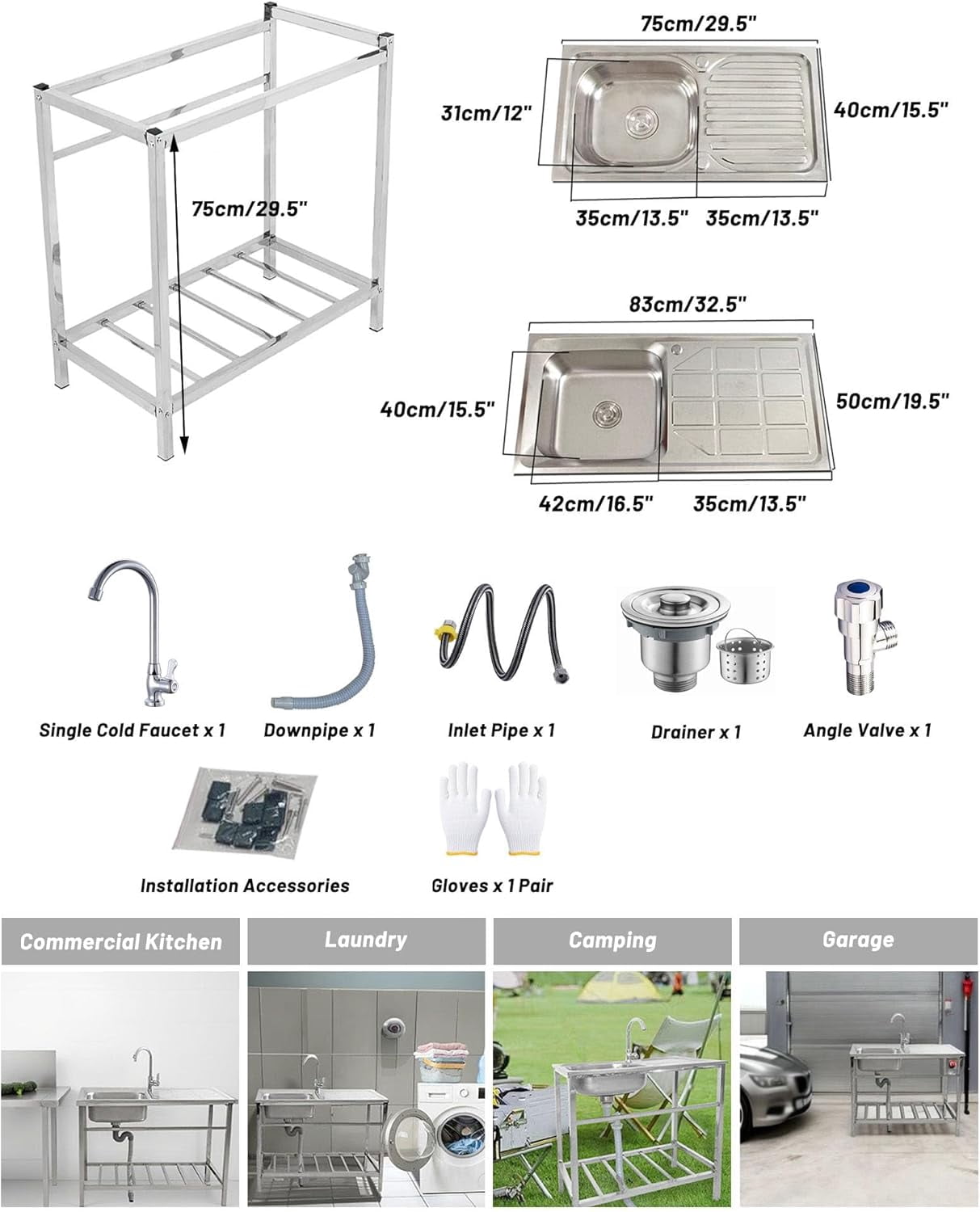 Freestanding Stainless Steel Utility Sink Outdoor Garden Kitchen Sink Single Bowl Commercial Restaurant Sink Set with Faucet for Backyard Camping Garage Laundry Room Easy to Wash(29.5x15.5xH29.5in)