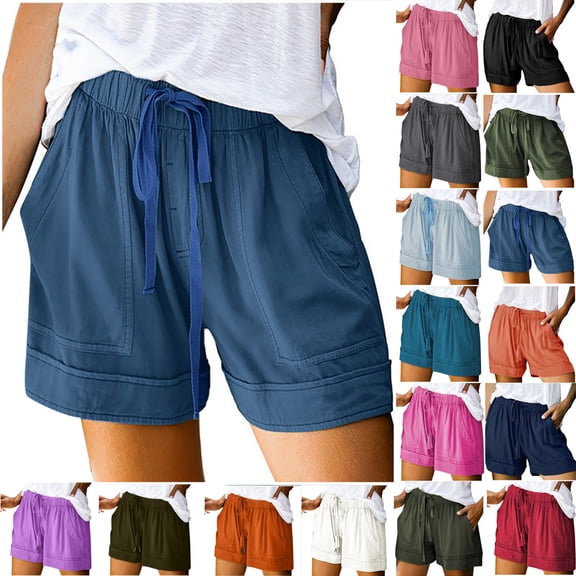 POTETI Flat Front Cargo Shorts for Women High Waisted Womens Summer Shorts Blue Elastic with Pockets Casual Drawstring Solid Shorts