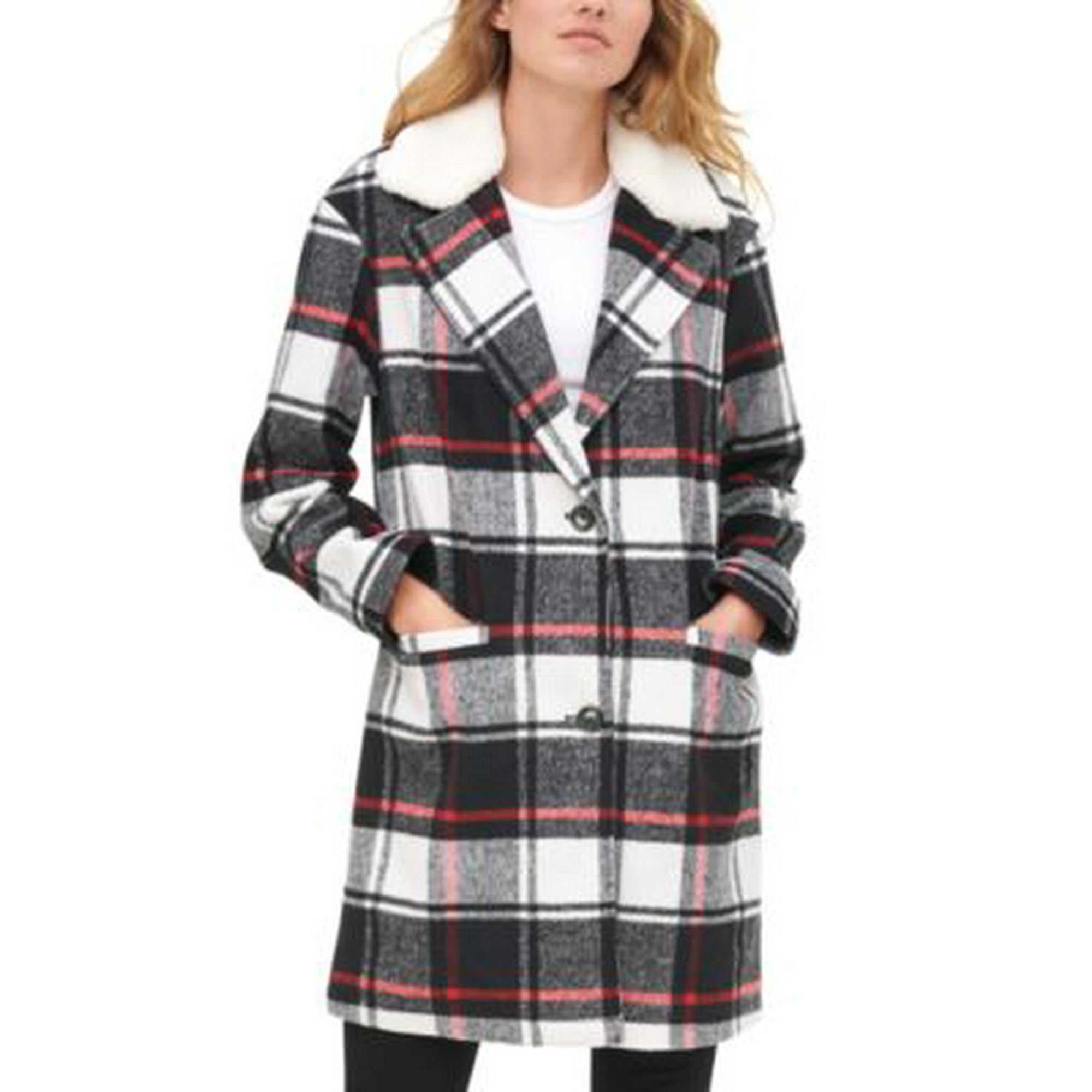 Levi's Women's Plaid Faux Fur Collar Jacket black/white/red plaid