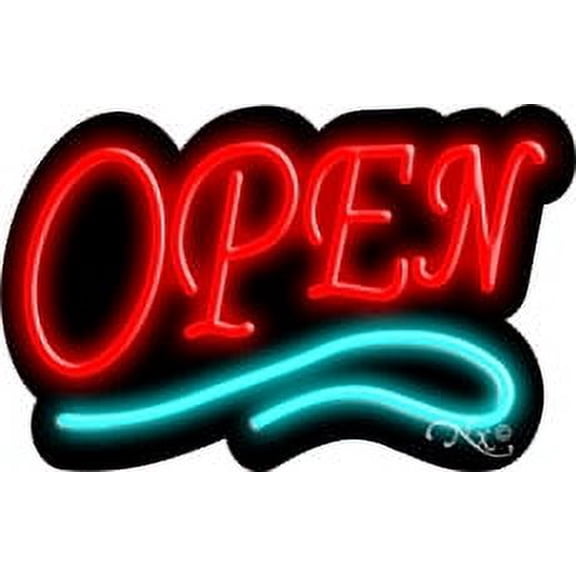 Deco Style Red Open With Aqua Line LED Neon Sign 14" Tall x 22" Wide, Black Square Cut Acrylic Backing, with Dimmer - Bright and Premium built indoor LED Neon Sign for storefront.