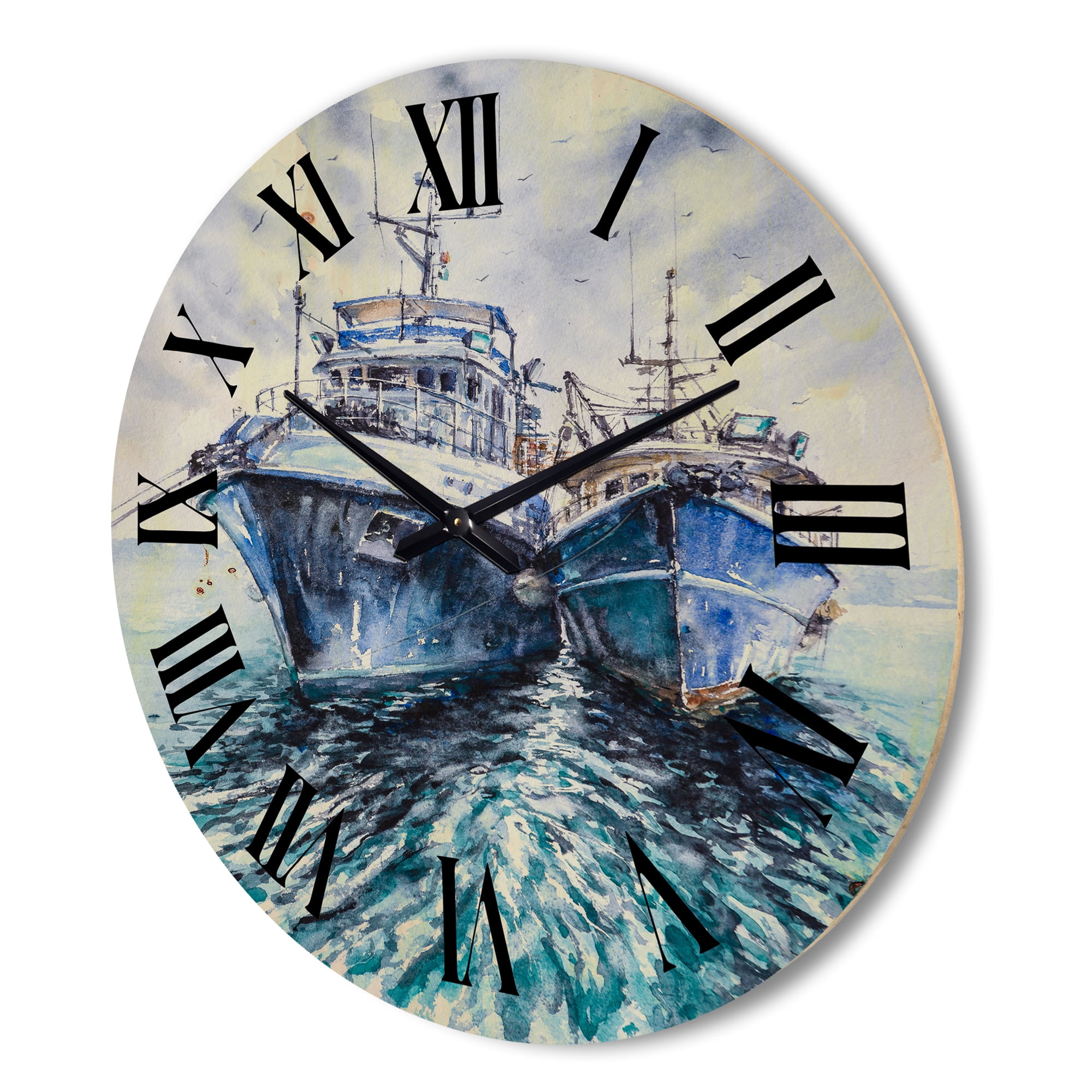 Designart 'Blue Fishing Boats Before A Storm Anchored' Nautical & Coastal Wood Wall Clock