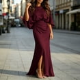 thumbnail image 4 of Womens Satin Formal Maxi Dress Batwing Sleeve Ruched Waist Side Slit Evening Gown with Pockets, Elegant Wedding Guest Dress for Party Banquet Prom Wine M, 4 of 6