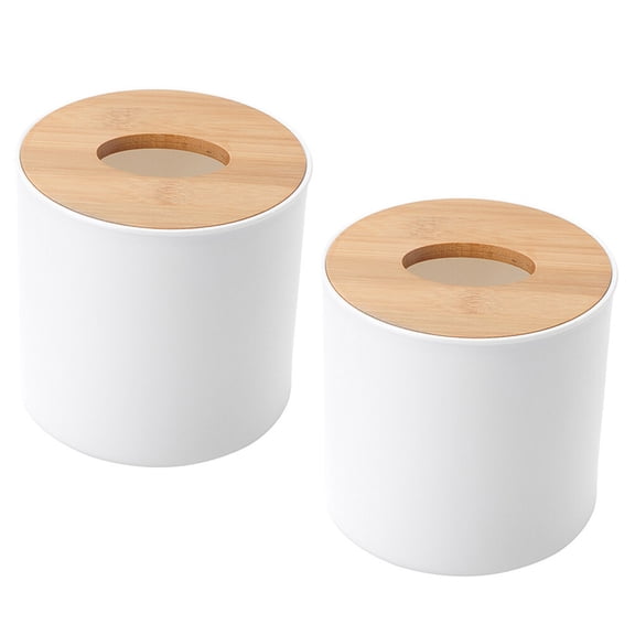 HONITANO Set of 2 White Wood Round Tissue Storage Boxes for Kitchen, Office, Dining Room Napkin Holder
