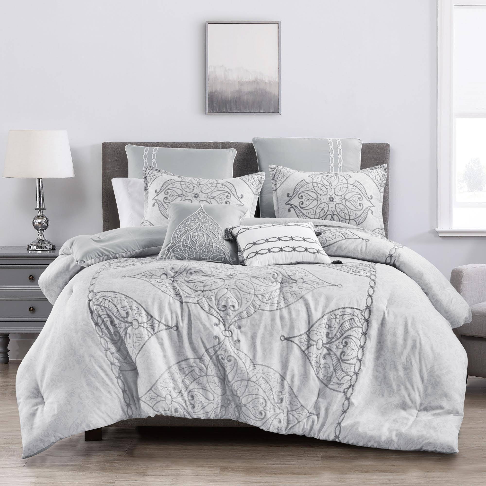 7 Piece Set Molpe Contemporary Floral Jacquard Gray Comforter Set 